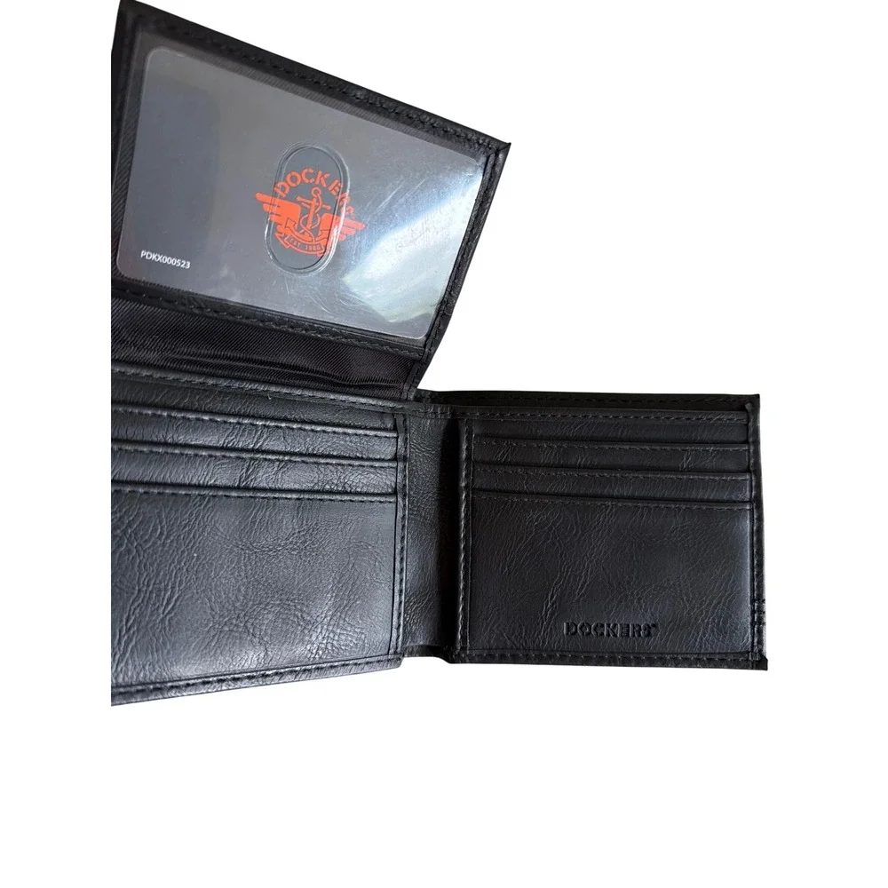 Dockers Bifold Wallet Black Faux Leather Embossed Logo Stitched Classic Mens